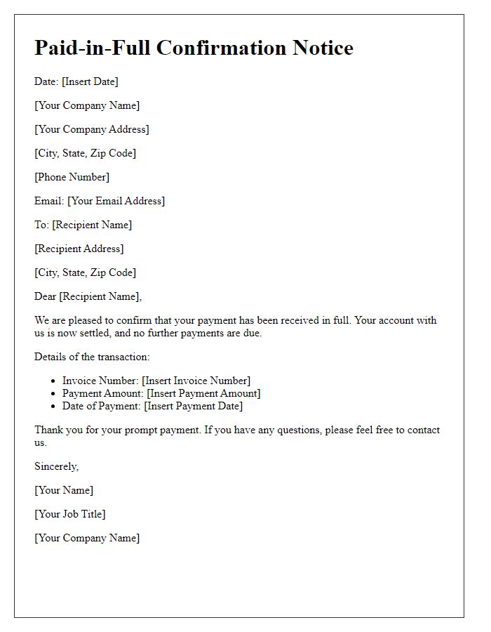 Letter template of Paid-in-Full Confirmation Notice