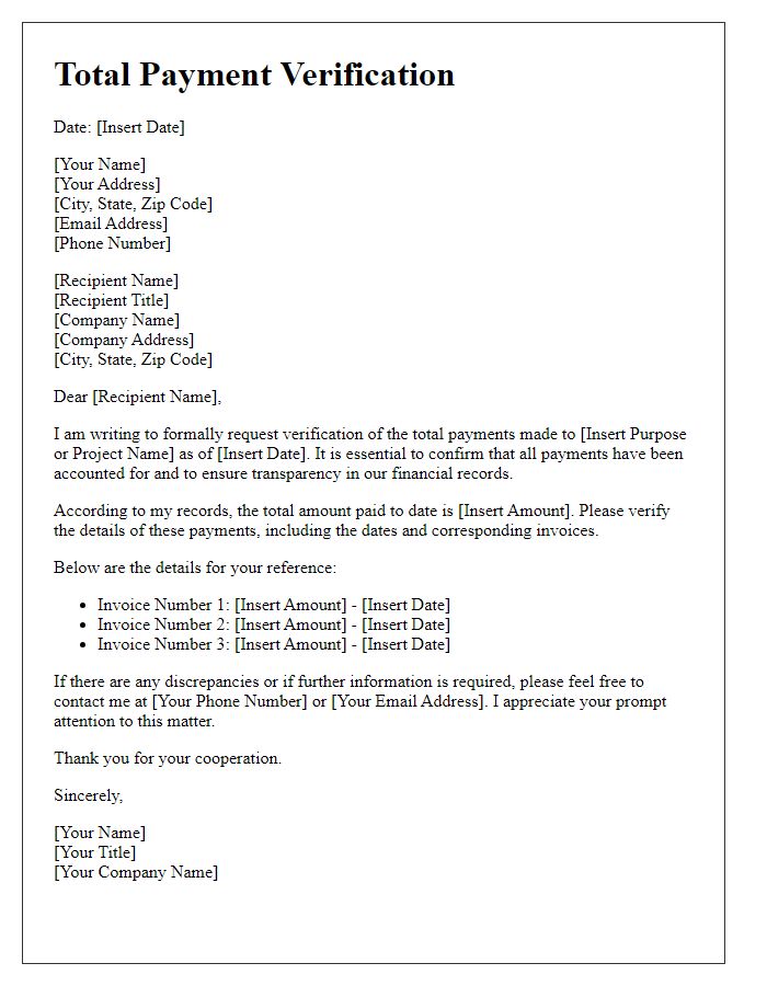 Letter template of Total Payment Verification