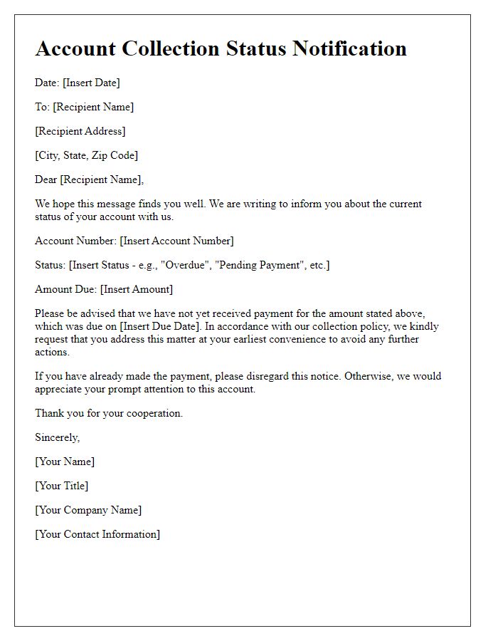 Letter template of account collection status notification
