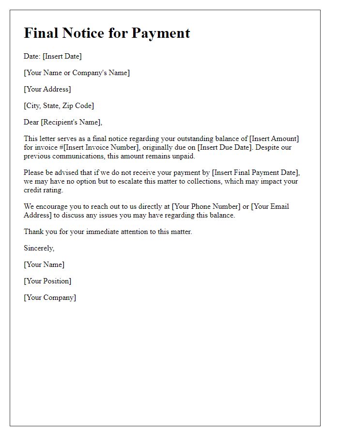 Letter template of final notice for collections