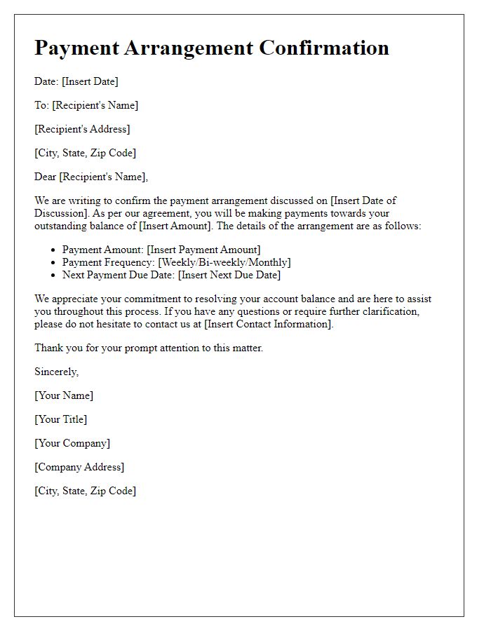 Letter template of payment arrangement confirmation