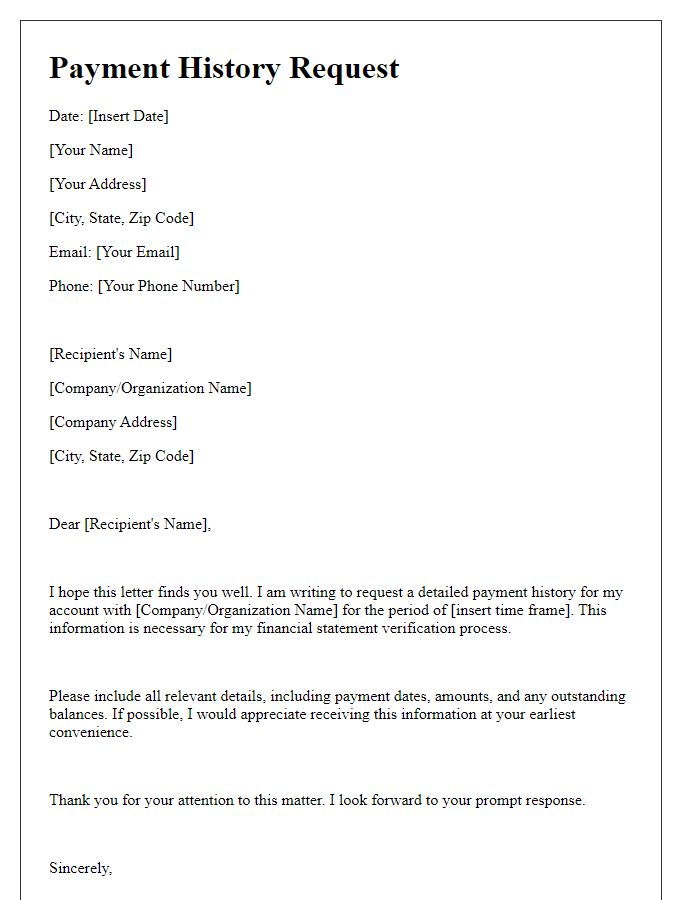 Letter template of payment history request for financial statement verification