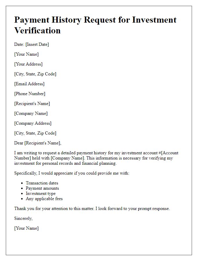 Letter template of payment history request for investment verification