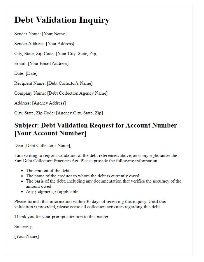 Letter template of debt validation inquiry for account accuracy.