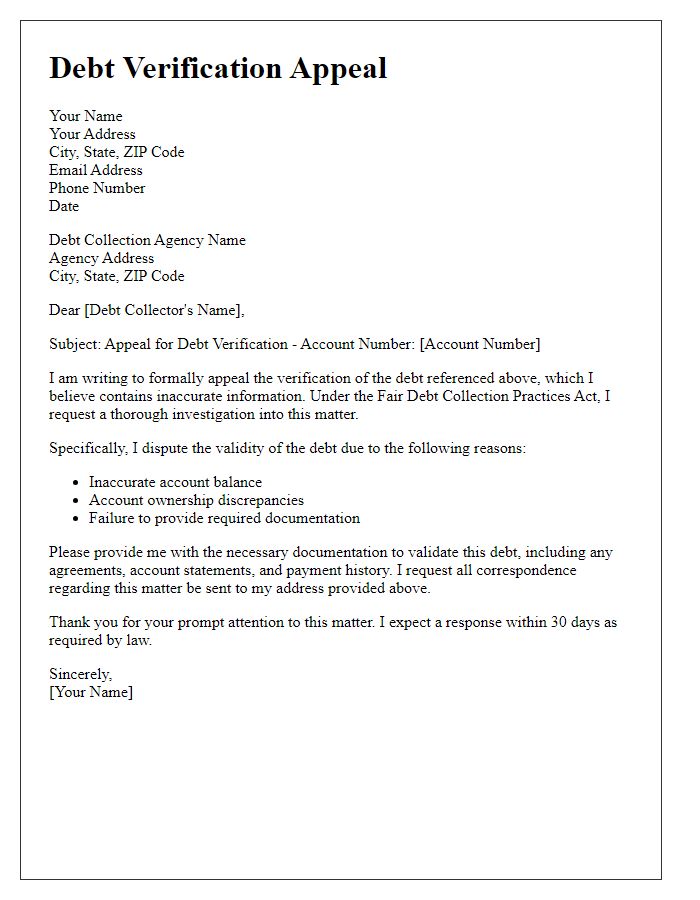 Letter template of debt verification appeal for inaccurate information.