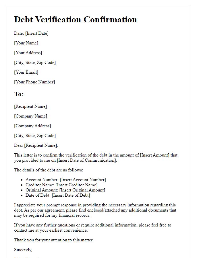 Letter template of debt verification confirmation for financial record.