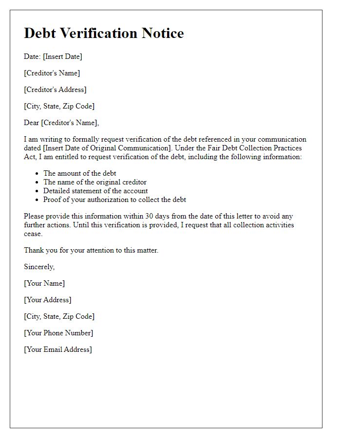 Letter template of debt verification notice for creditor compliance.