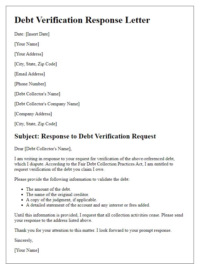 Letter template of debt verification response for dispute resolution.