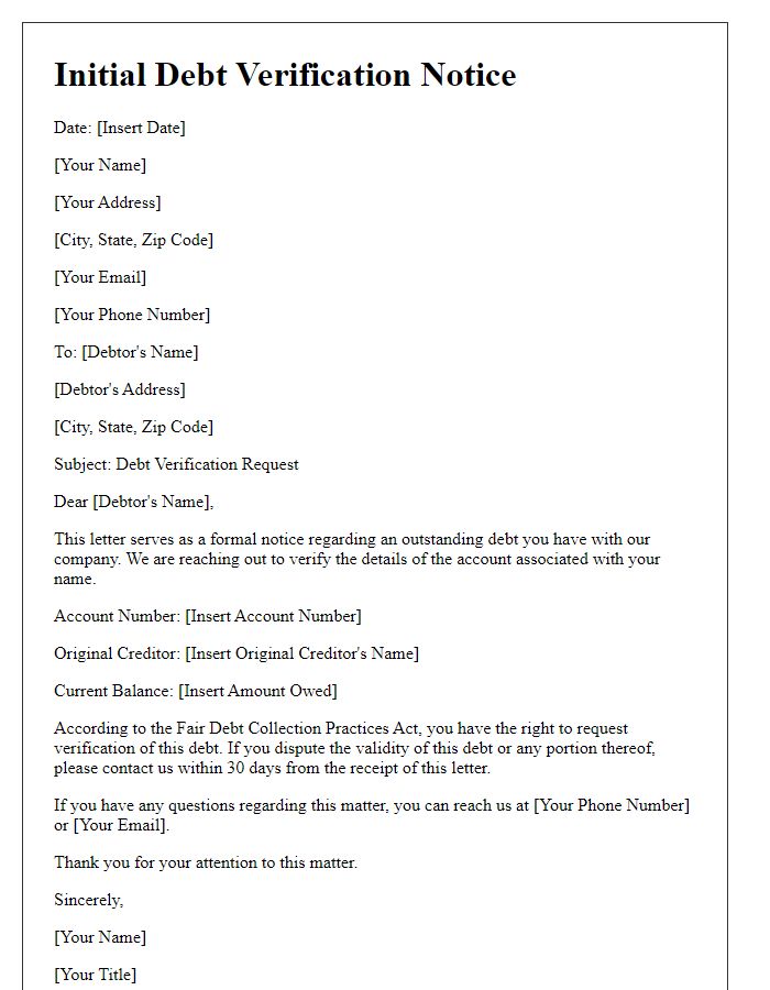 Letter template of initial debt verification notice for new accounts.