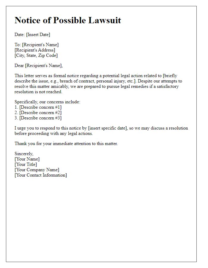 Letter template of notice for possible lawsuit