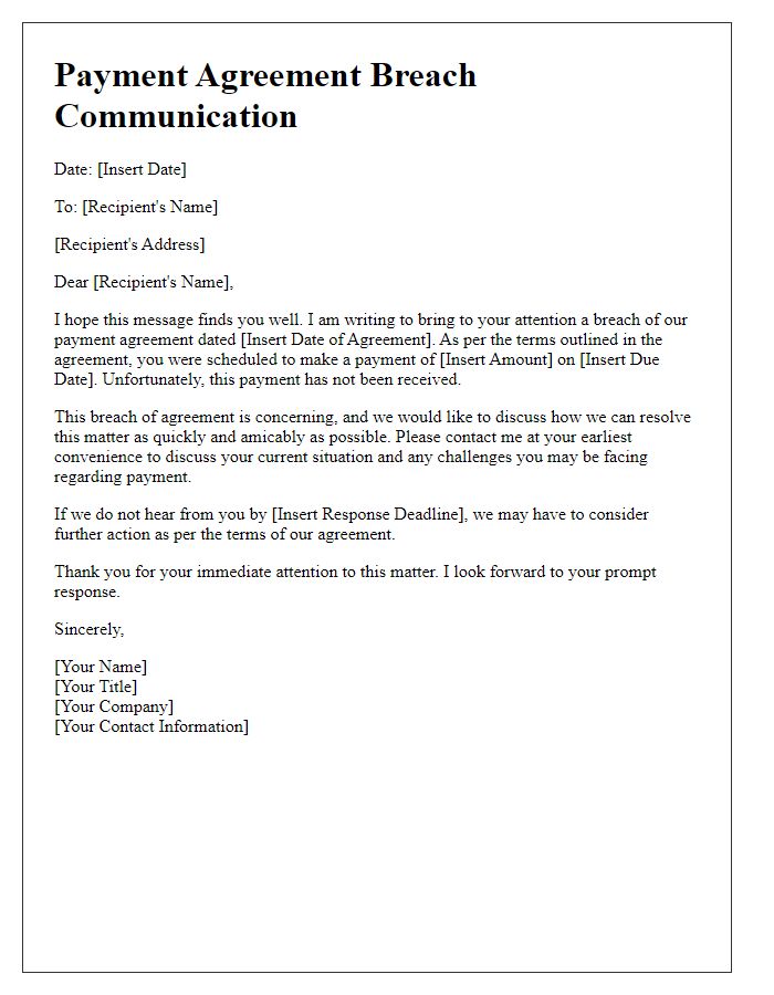 Letter template of Payment Agreement Breach Communication