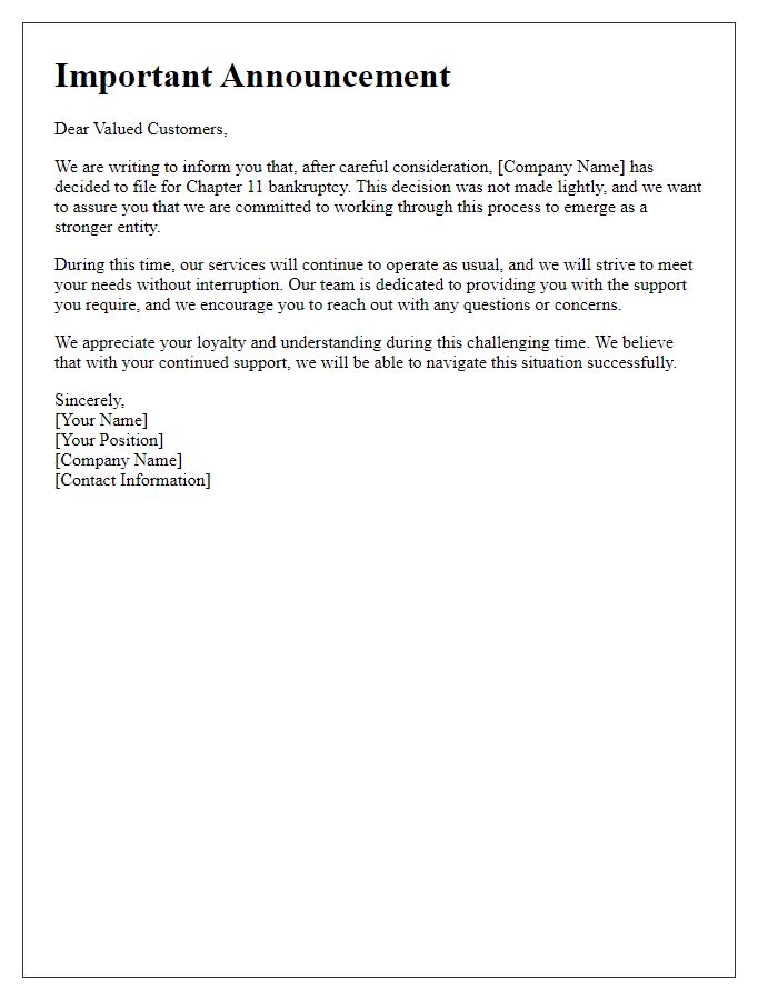 Letter template of bankruptcy announcement for customers