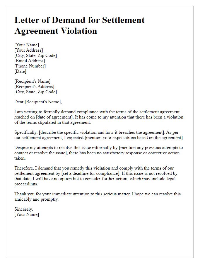 Letter template of demand regarding settlement agreement violation.