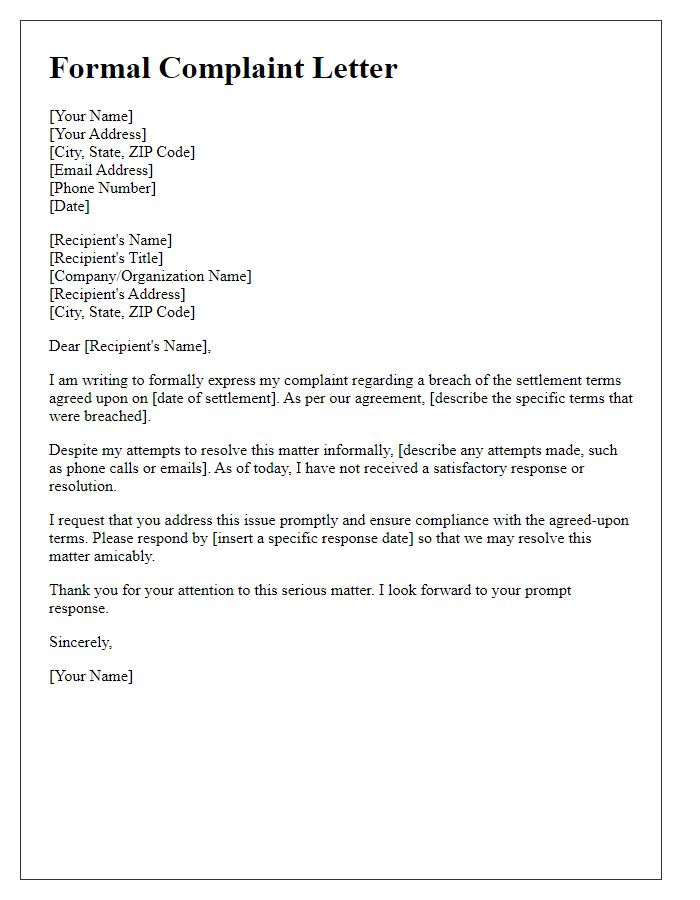 Letter template of formal complaint for breach of settlement terms.