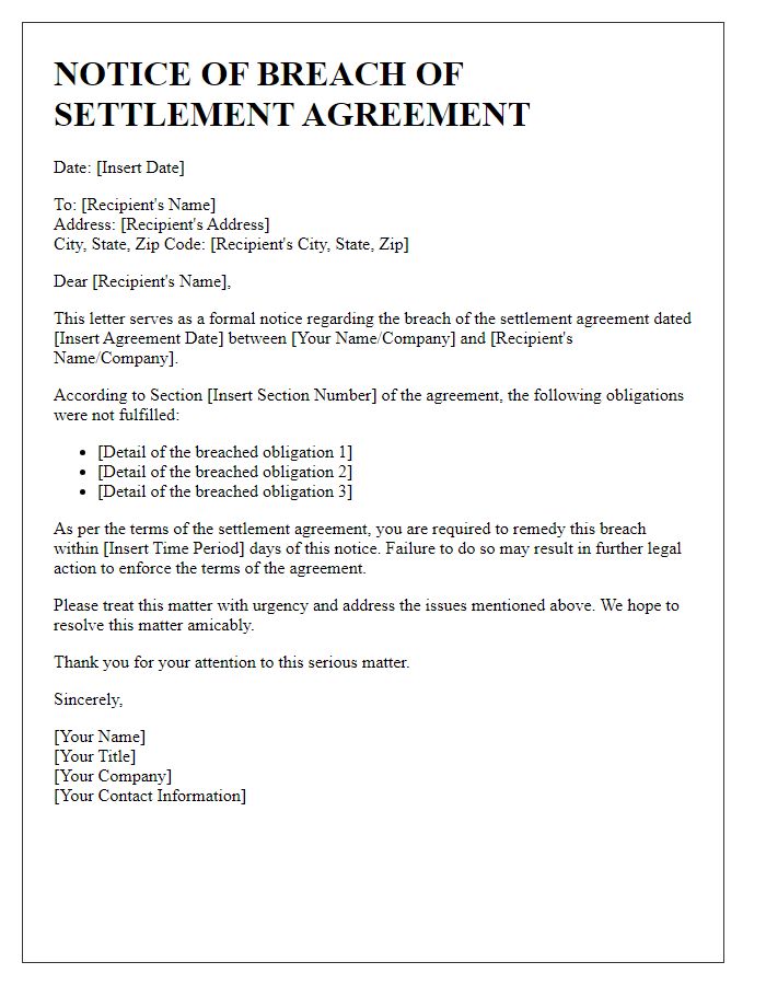 Letter template of notice for settlement agreement breach.