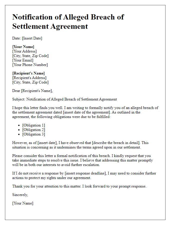 Letter template of notification for alleged breach of settlement agreement.