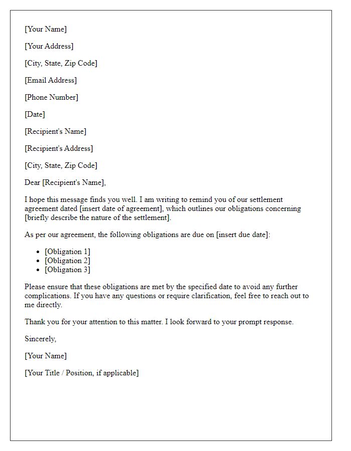 Letter template of reminder concerning settlement agreement obligations.