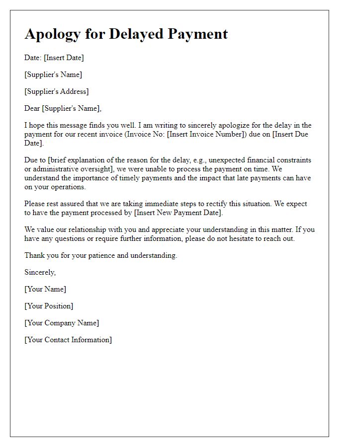 Letter template of delayed payment apology to supplier