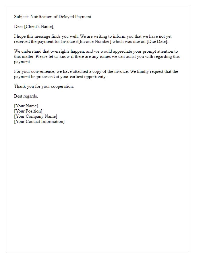 Letter template of delayed payment notification for client