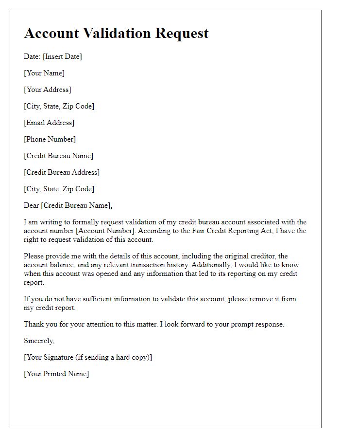 Letter template of credit bureau account validation