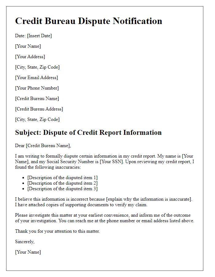 Letter template of credit bureau dispute notification