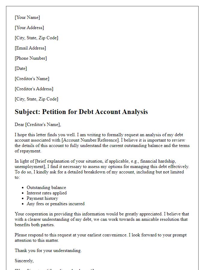 Letter template of debt account analysis petition