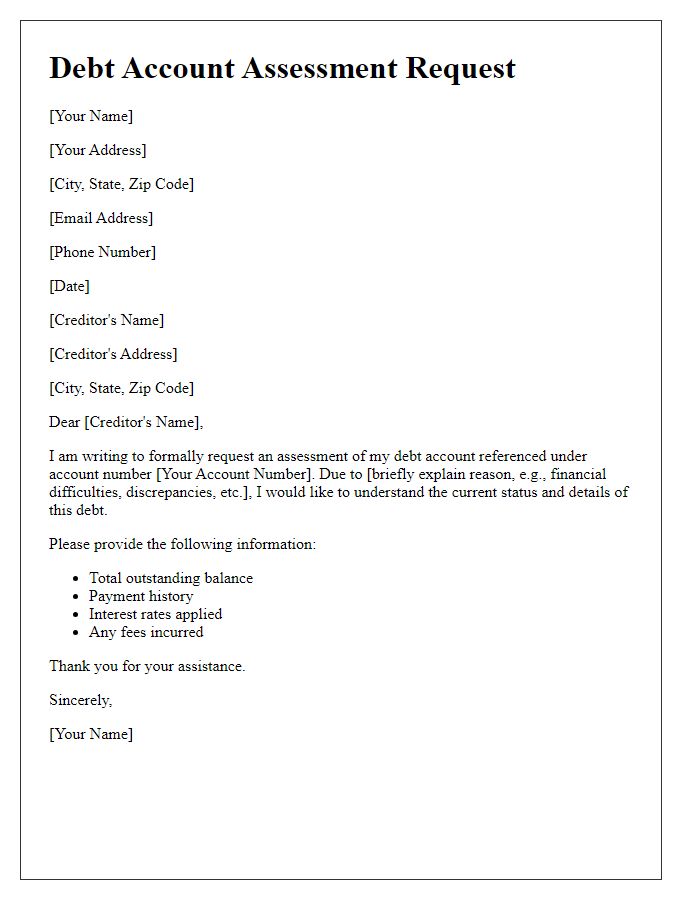 Letter template of debt account assessment request