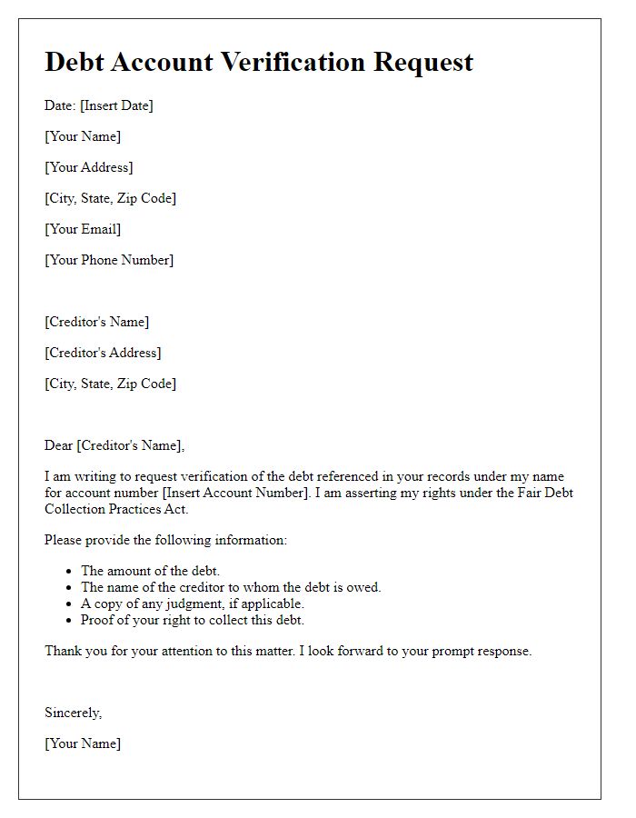 Letter template of debt account verification request