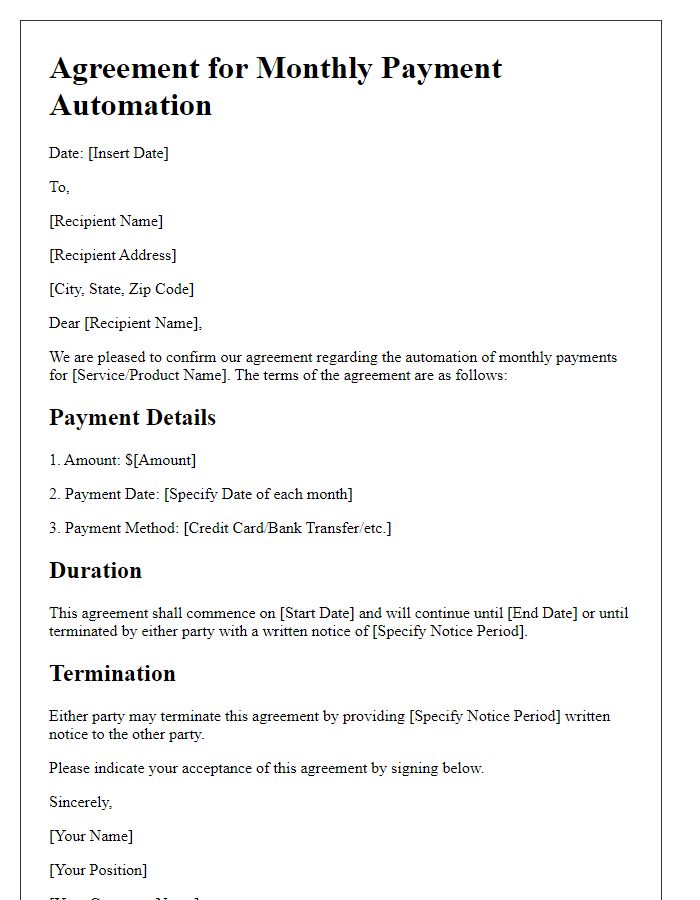 Letter template of agreement for monthly payment automation