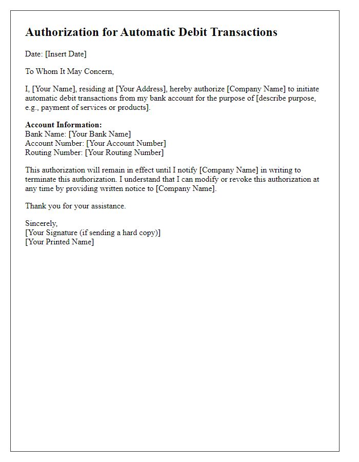 Letter template of authorization for automatic debit transactions