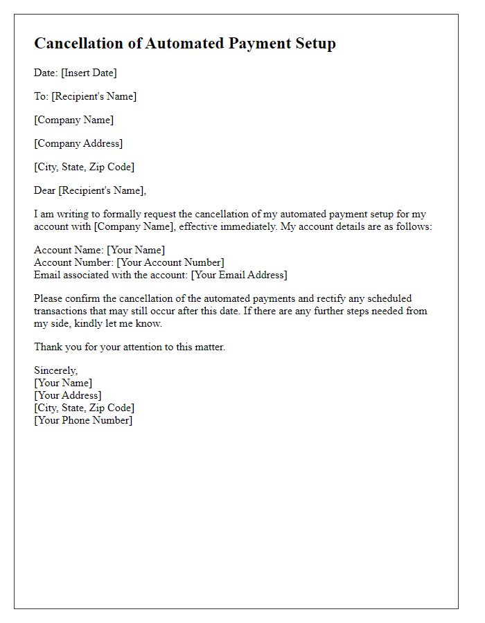 Letter template of cancellation for automated payment setup