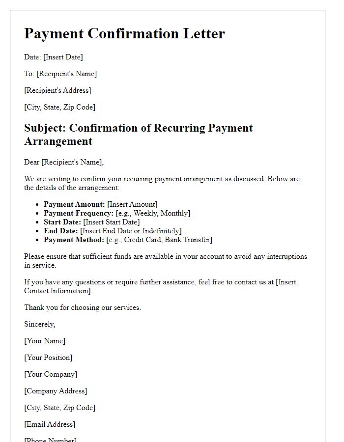 Letter template of confirmation for recurring payment arrangement