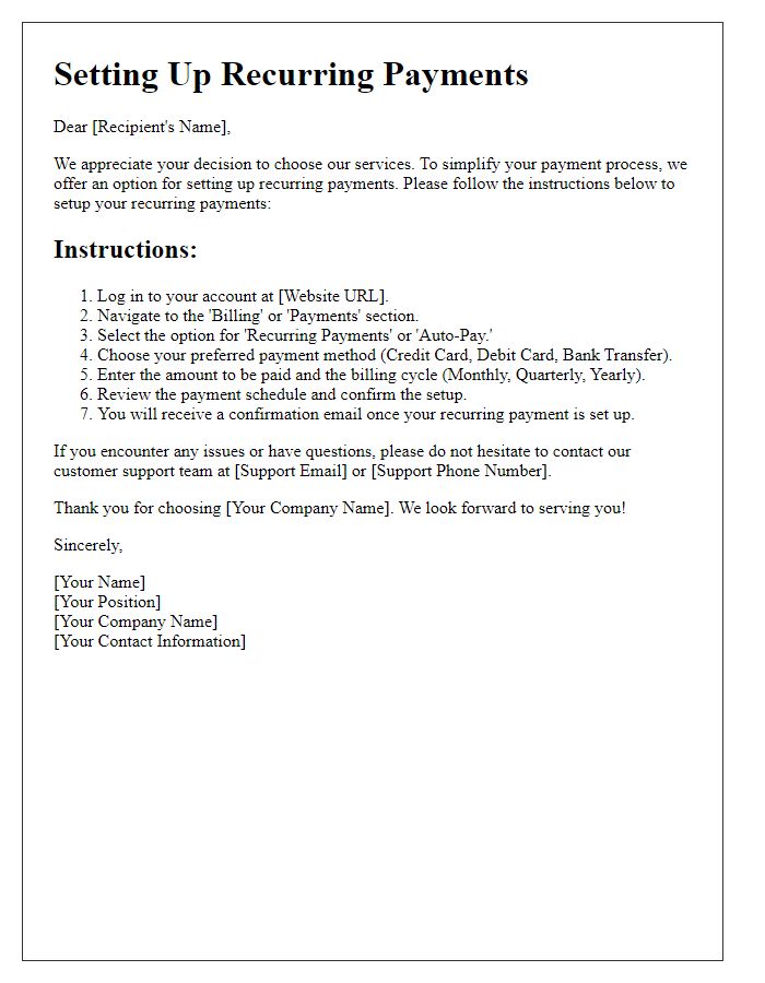 Letter template of instruction for setting up recurring payments