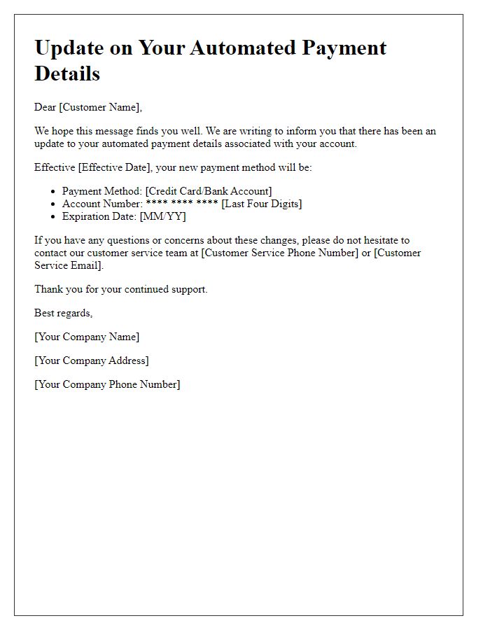 Letter template of update for existing automated payment details