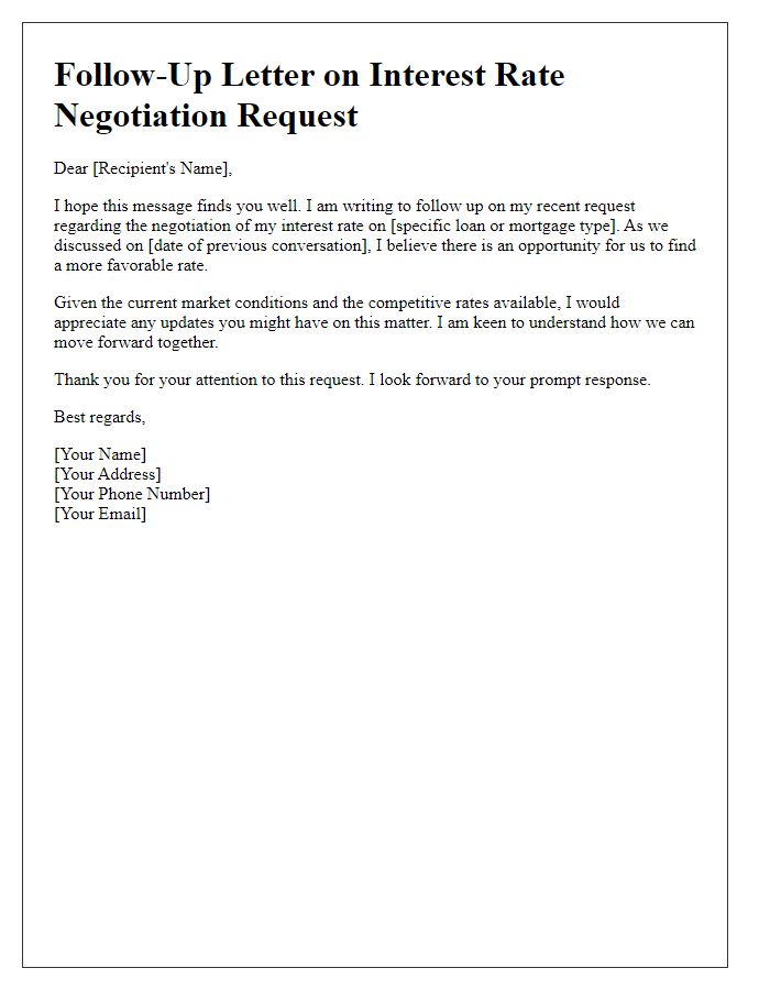 Letter template of follow-up on interest rate negotiation request