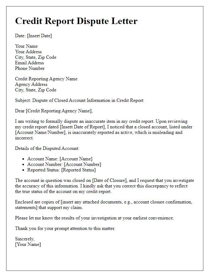 Letter template of credit report dispute for closed accounts reporting