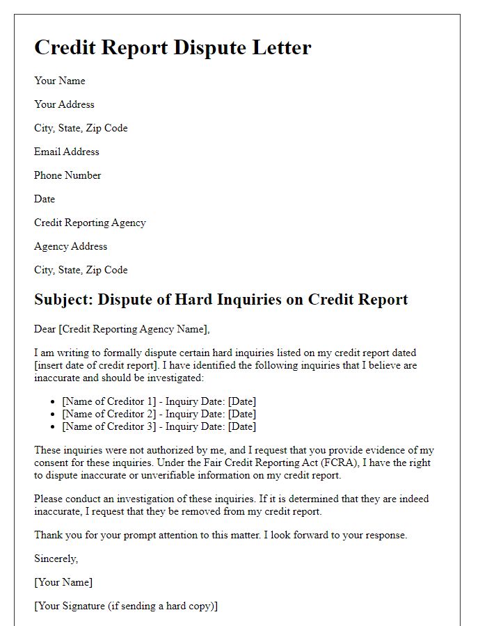 Letter template of credit report dispute for disputed hard inquiries