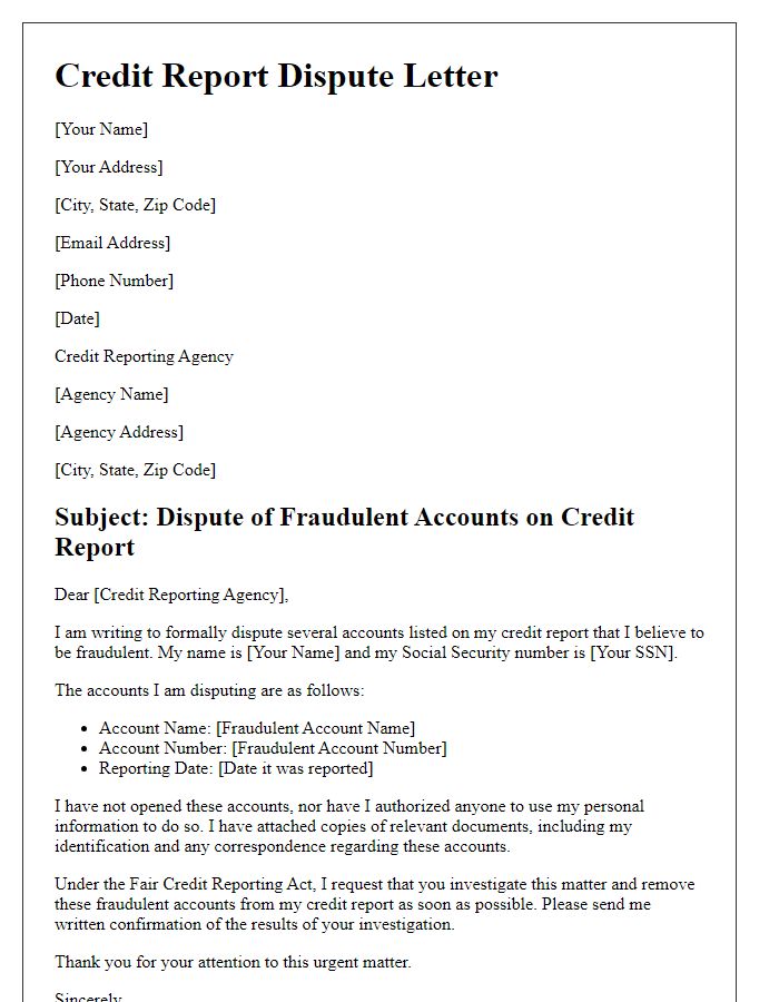 Letter template of credit report dispute for fraudulent accounts