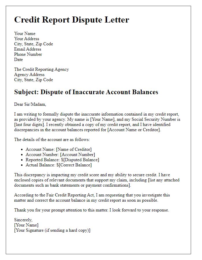 Letter template of credit report dispute for inaccurate account balances