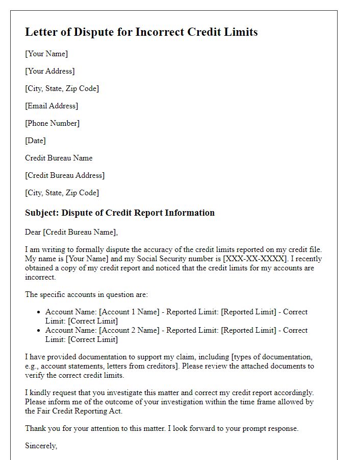 Letter template of credit report dispute for incorrect credit limits