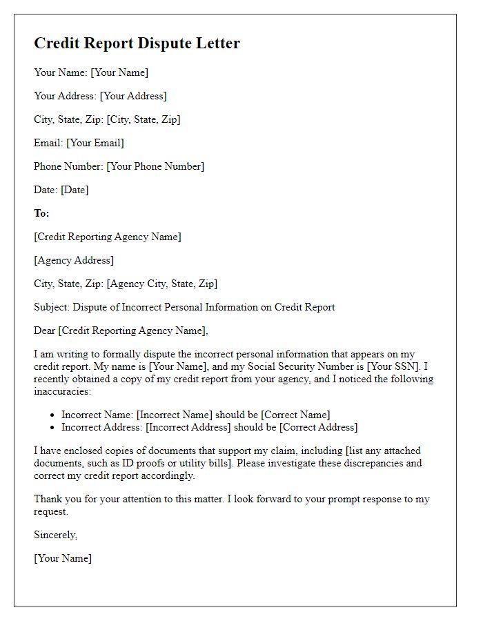 Letter template of credit report dispute for incorrect personal information