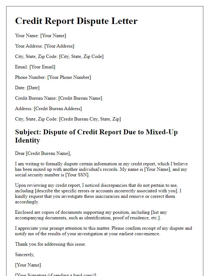 Letter template of credit report dispute for mixed-up identities