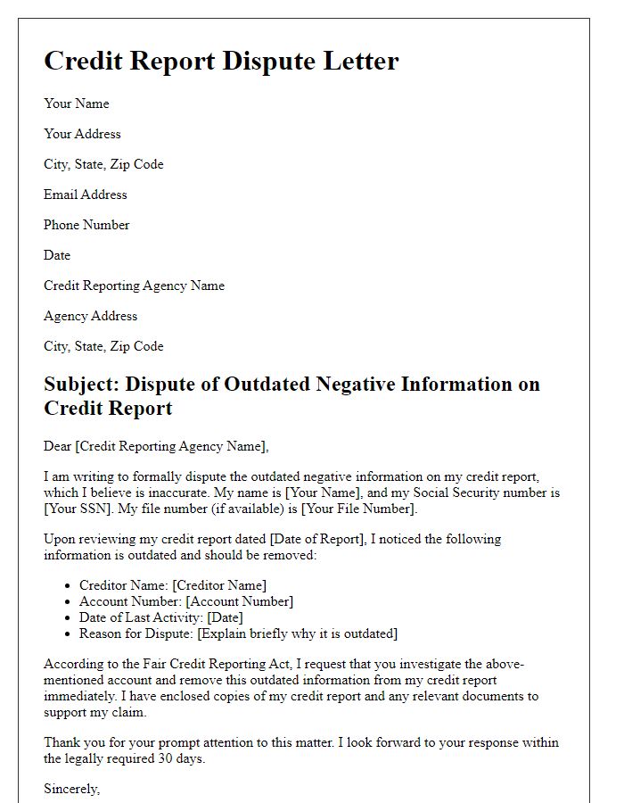 Letter template of credit report dispute for outdated negative information