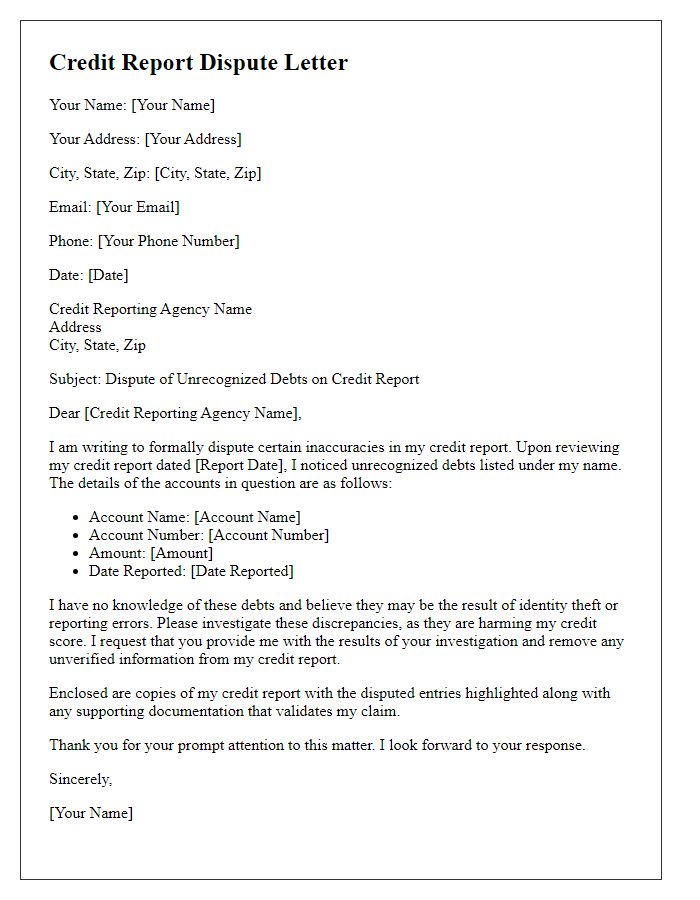 Letter template of credit report dispute for unrecognized debts