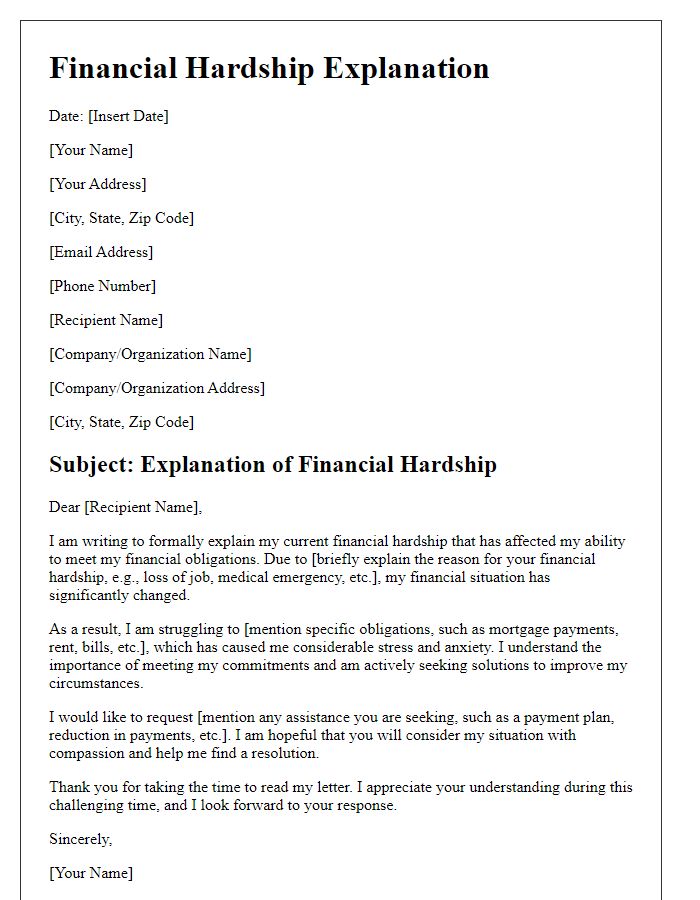 Letter template of financial hardship explanation