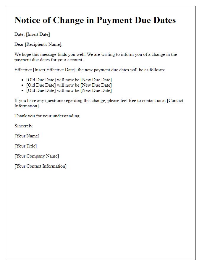 Letter template of change in payment due dates