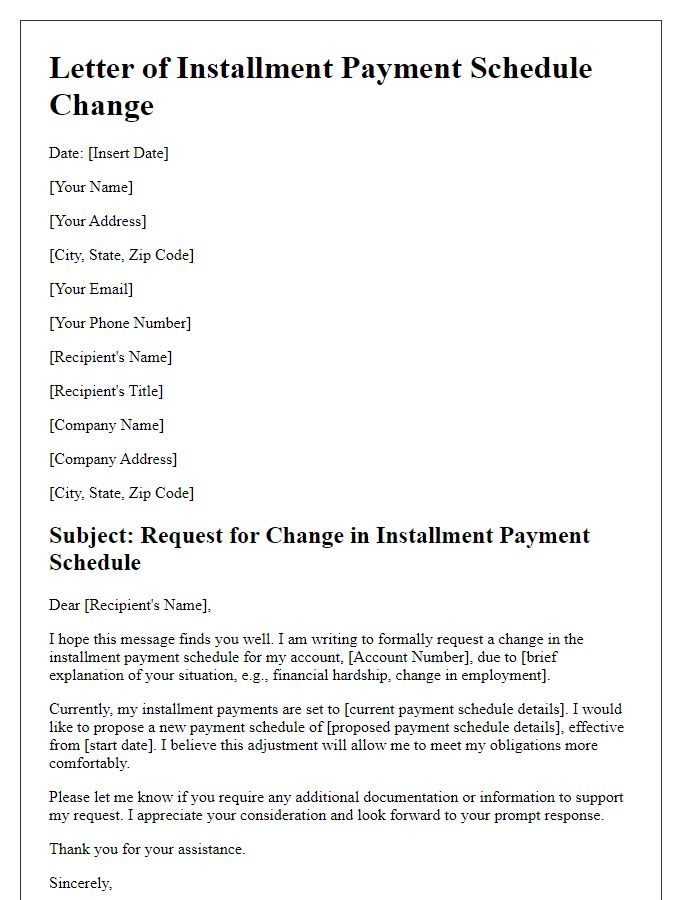 Letter template of installment payment schedule change