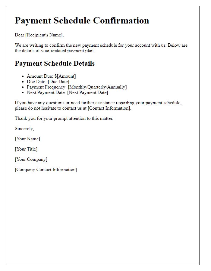 Letter template of new payment schedule confirmation