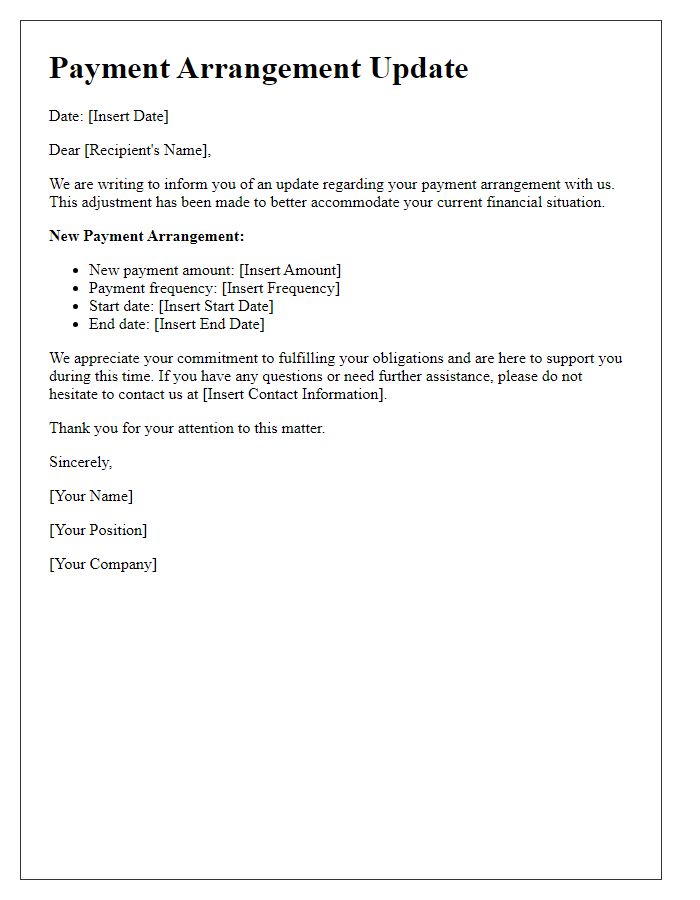 Letter template of payment arrangement update