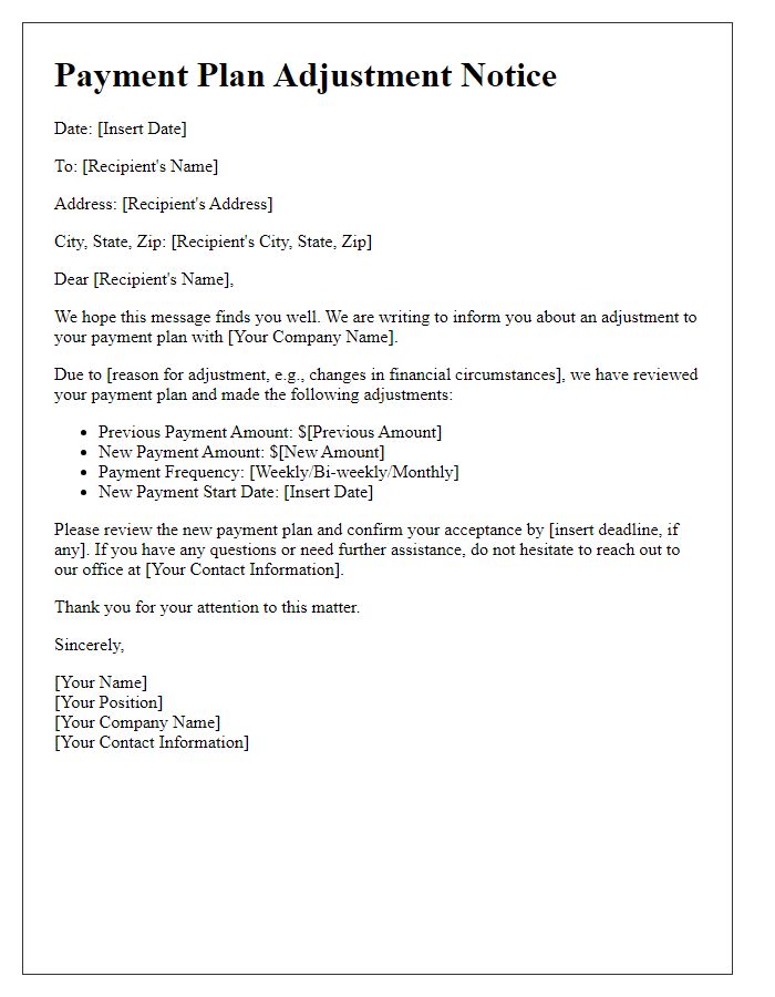 Letter template of payment plan adjustment notice